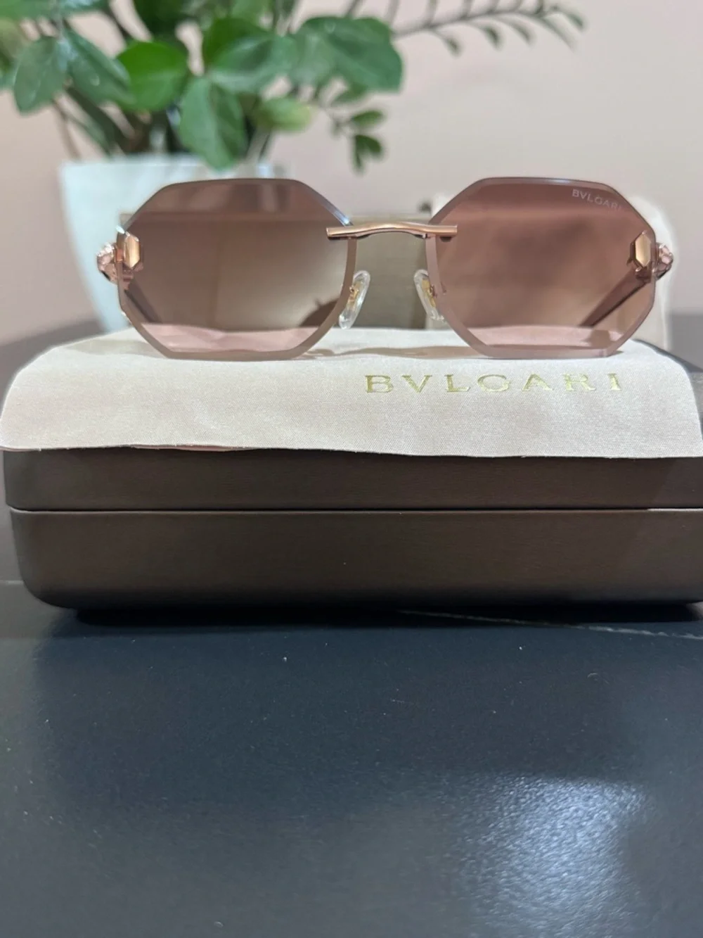 Bulgari Rose-Tint Octagonal Rimless Sunglasses - Picture 8 of 16